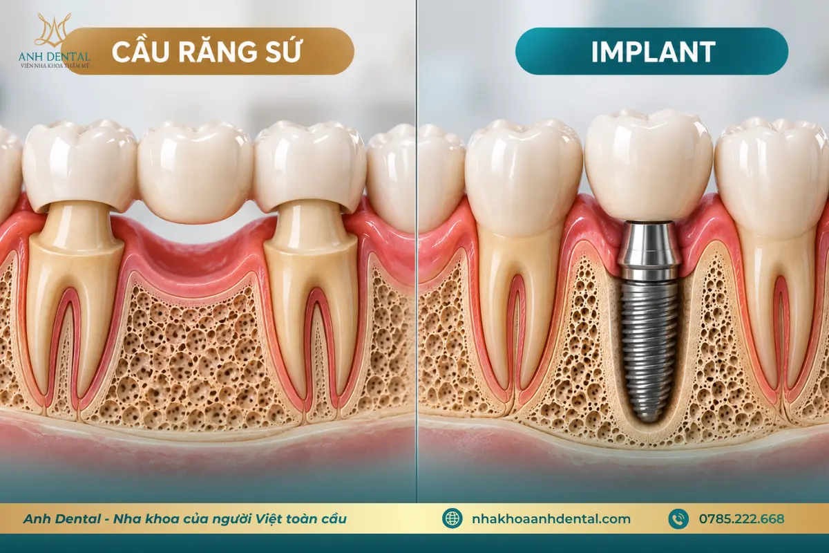 Cầu răng sứ và Implant khác gì nhau